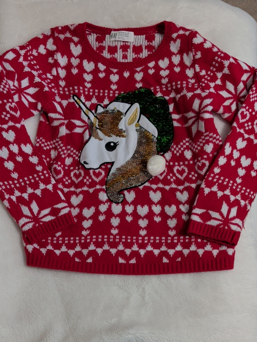 H&M Red and White Unicorn Sequin Holiday Sweater